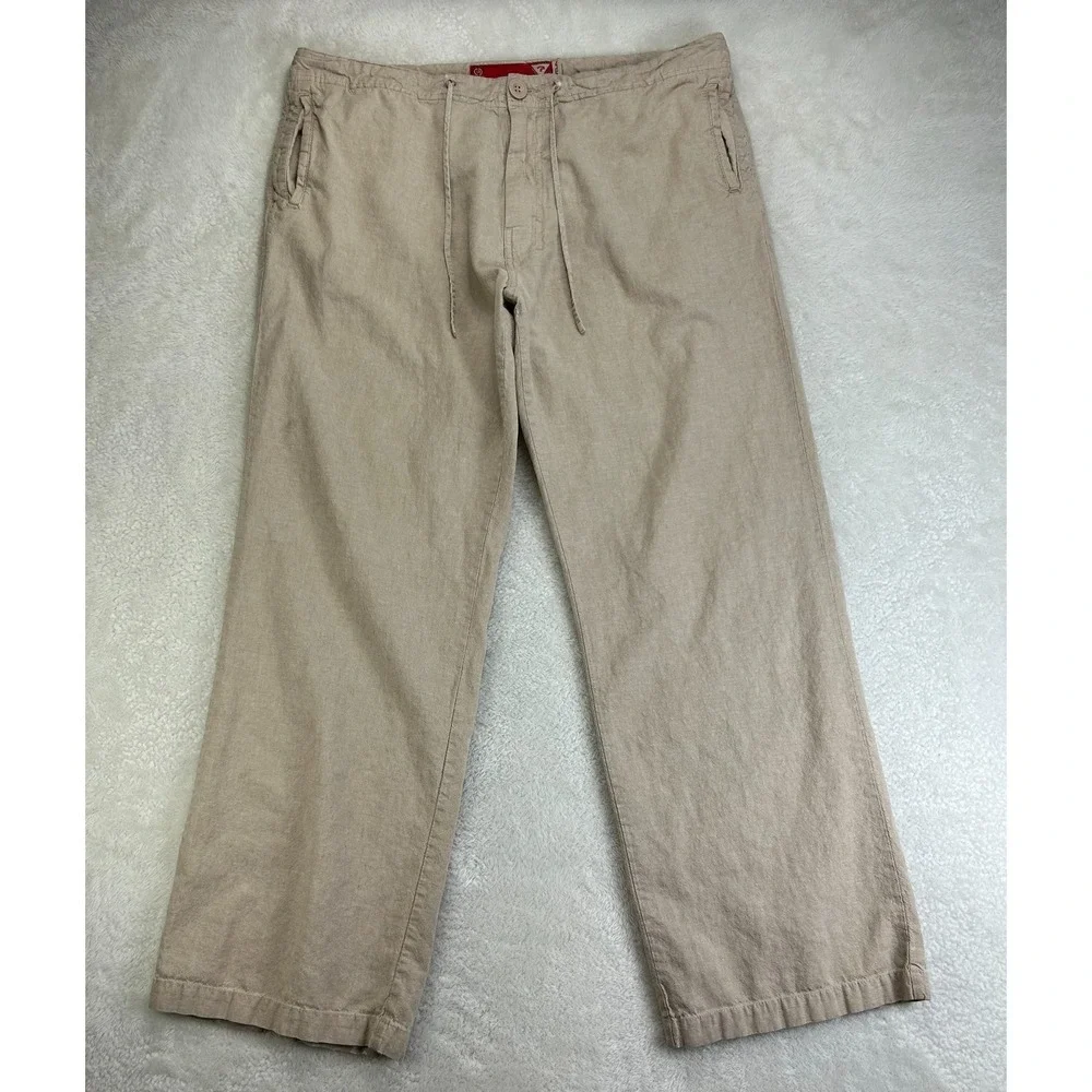 Vintage Guess Jeans Linen Pants Mens 38 Beige Drawstring Flat Front Grunge